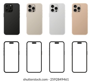 Mockup of a phone back and front sides. Smartphone case. 3D mobile phone screen Cell phone display frame. Black, white, gray and beige phones	