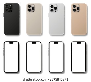 Mockup of a phone back and front sides with shadows. Smartphone case. 3D mobile phone screen Cell phone display frame. Black, white, gray and beige phones