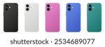 Mockup of a phone back side. Smartphone case. 3D mobile phone. Cell phone. Black, white, pink, green and blue phones