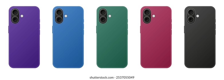 Maqueta de la parte trasera de un teléfono. Funda para smartphone. Teléfono móvil 3D. Teléfono celular. Teléfonos negros, burdeos, púrpuras, verdes y azules