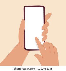 Mockup of a phone with a hand. White display. Boho style. In your design