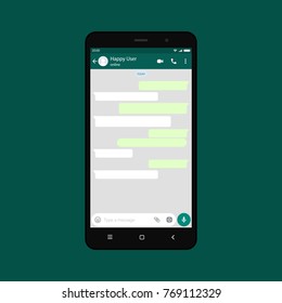 Mockup of phone with mobile messenger on screen, inspired by WhatsApp and other similar apps. Modern design. Vector illustration. EPS10.