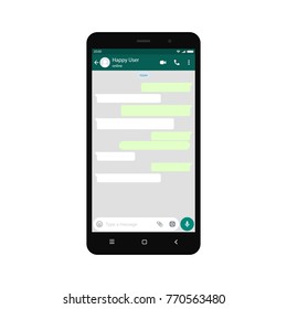 Mockup de telefone com mensageiro móvel na tela, inspirado pelo WhatsApp e outros aplicativos similares. Design moderno. Ilustração vetorial. EPS10.