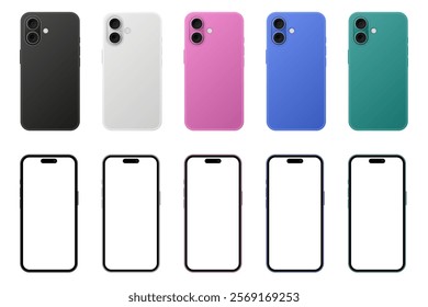 Mockup of a phone screen and back side. Social media promotion. Advertising on a smartphone display. Device front view. 3D mobile phone cases. Cell phone. Black, white, pink, green and blue phones