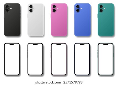 Mockup of a phone screen and back side with shadows. Advertising on a smartphone display. Device front view. 3D mobile phone cases. Cell phone. Black, white, pink, green and blue phones