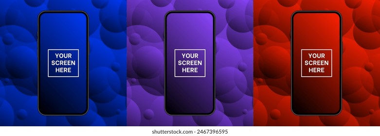 Mockup of a phone screen. Blue, purple and red backgrounds with abstract bubbles. Advertising on a smartphone display. Device front view. 3D mobile phone. Cell phone	