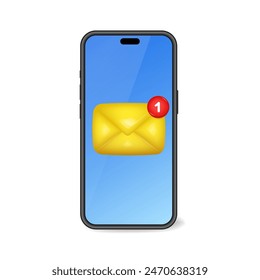 Mockup of a phone screen with new message notification. 3d icon of a yellow envelope with one new message notification. White podium. Blue sky, clouds and rays of light