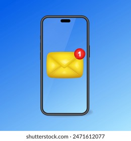 Mockup of a phone screen with new message notification. 3d icon of a yellow envelope with one new message notification. Blue background