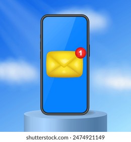 Mockup of a phone screen with new message notification. 3d icon of a yellow envelope with one new message notification. White podium. Blue sky, clouds and rays of light
