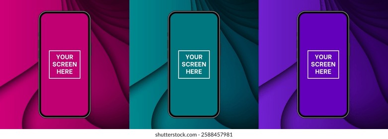 Mockup of a phone screen. Pink, teal green and purple backgrounds with abstract waves. Advertising on a smartphone display. Device front view. 3D mobile phone. Cell phone