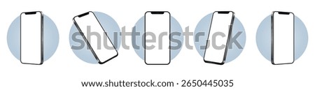 Mockup of a phone screen. Smartphone frameless blank screen. Mobile phone from different angles. Social media promotion.