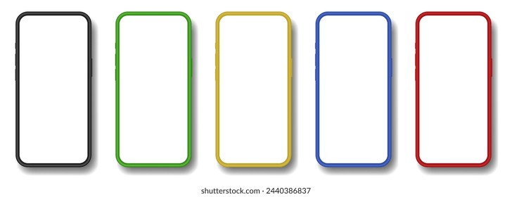 Mockup of a phone screen. Social media promotion. Advertising on a smartphone display. Device front view. 3D mobile phone with shadow. Cell phone. Black, green, yellow, blue and red cases