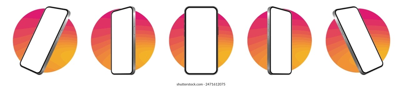 Mockup of a phone screen. Social media promotion. Advertising on a smartphone display. Device front view. 3D mobile phone. Cell phone. Pink and orange round frames.