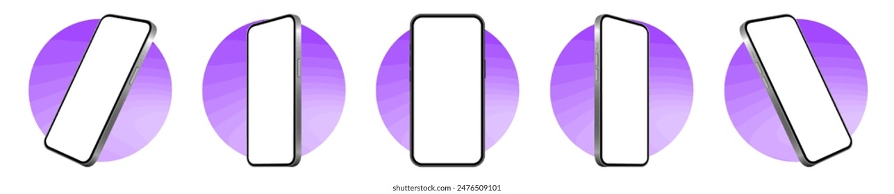 Mockup of a phone screen. Social media promotion. Advertising on a smartphone display. Device front view. 3D mobile phone. Cell phone. Purple round frames.	