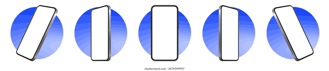 Mockup of a phone screen. Social media promotion. Advertising on a smartphone display. Device front view. 3D mobile phone. Cell phone. Blue round frames.	