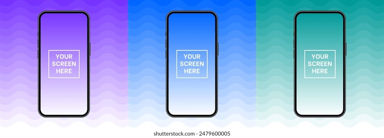 Mockup of a phone screen. Social media promotion. Purple, blue and green abstract backgrounds with wavy pattern. Smartphone display. Device front view. 3D mobile phone. Cell phone