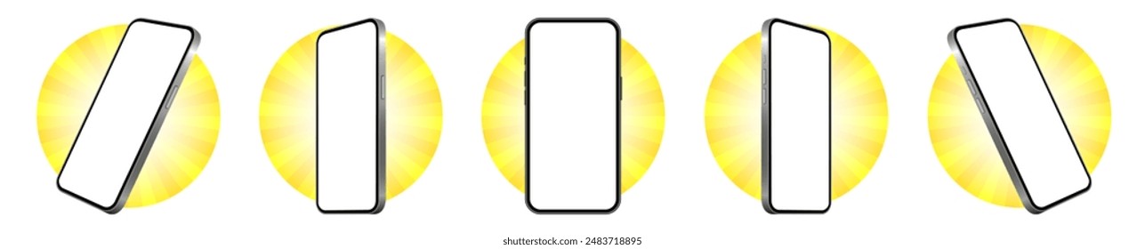 Mockup of a phone screen. Social media promotion. Advertising on a smartphone display. Device front view. 3D mobile phone. Cell phone. Neon yellow rounds with striped sectoral pattern