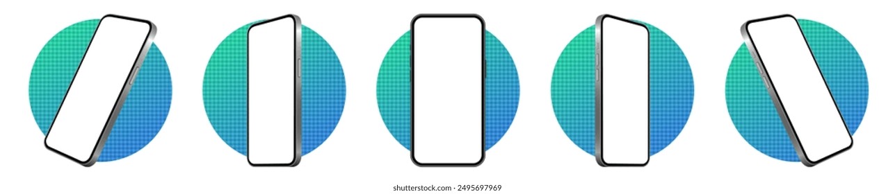 Mockup of a phone screen. Social media promotion. Advertising on a smartphone display. Device front view. 3D mobile phone. Cell phone. Blue and green round frames with modern texture