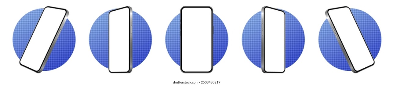 Mockup of a phone screen. Social media promotion. Advertising on a smartphone display. Device front view. 3D mobile phone. Cell phone. Navy blue round frames with modern texture	