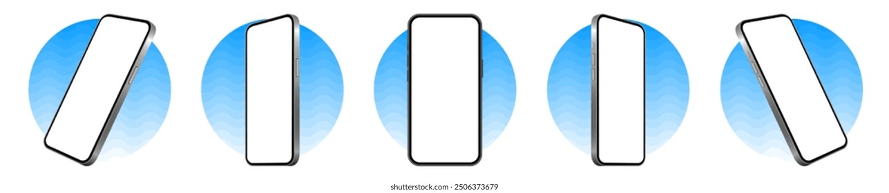 Mockup of a phone screen. Social media promotion. Advertising on a smartphone display. Device front view. 3D mobile phone. Cell phone. Blue round frames.	