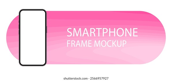 Mockup of a phone screen. Social media promotion. Advertising on a smartphone display. Device front view. 3D mobile phone. Cell phone. Pink rounded frame. Wide banner