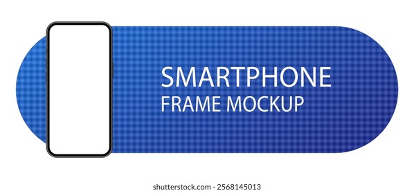 Mockup of a phone screen. Social media promotion. Advertising on a smartphone display. Device front view. 3D mobile phone. Cell phone. Navy blue round frames with modern texture. Wide banner