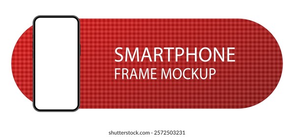 Mockup of a phone screen. Social media promotion. Advertising on a smartphone display. Device front view. 3D mobile phone. Cell phone. Red rounded frame with modern texture. Wide banner