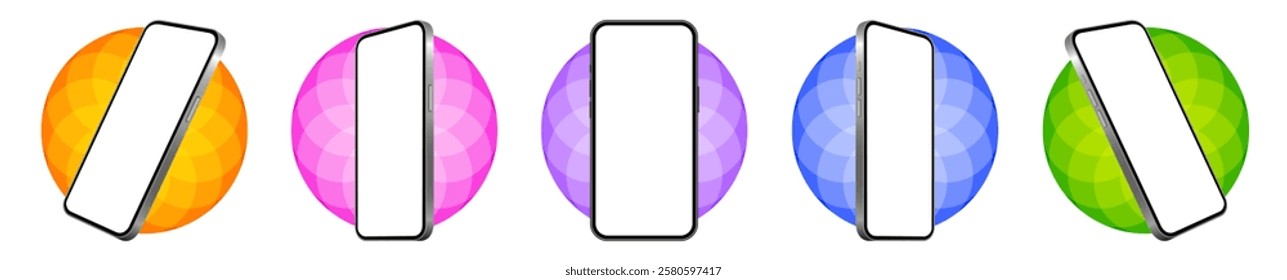 Mockup of a phone screen. Social media promotion. Advertising on a smartphone display. Device front view. 3D mobile phone. Cell phone. Orange, pink, purple, blue and green rounds with cutting pattern