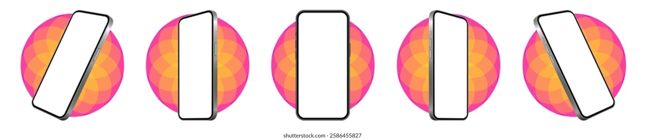 Mockup of a phone screen. Social media promotion. Advertising on a smartphone display. Device front view. 3D mobile phone. Cell phone. Yellow and pink rounds with cutting pattern