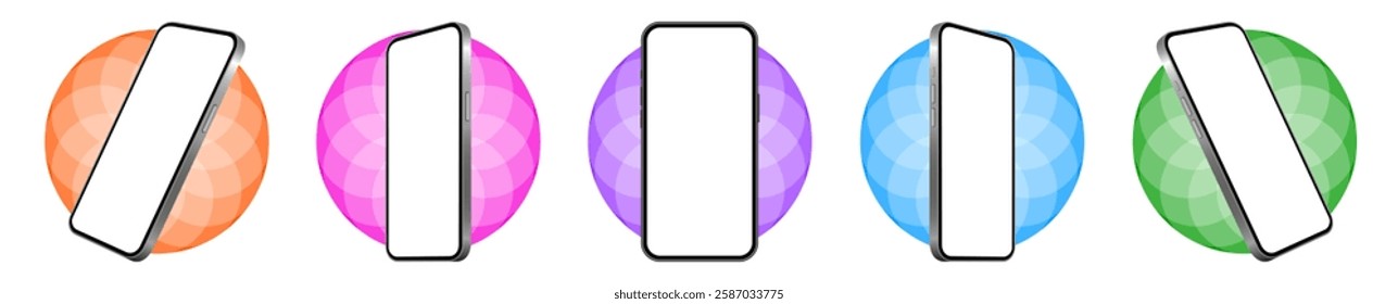 Mockup of a phone screen. Social media promotion. Advertising on a smartphone display. Device front view. 3D mobile phone. Cell phone. Orange, pink, purple, blue and green rounds with cutting pattern