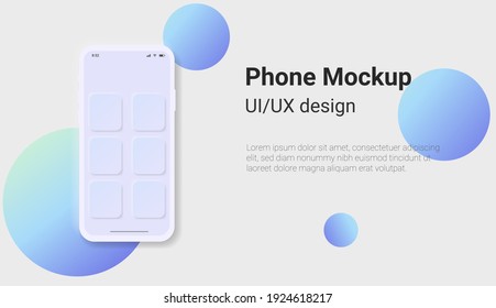 Mockup phone for UI interface in Neomorphism design style with circles. Realistic modern smartphone frame for presentation, mobile app. Device model. Vector illustration on background.