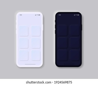 Mockup phone for UI interface. Set of two mobiles in Neomorphism design style. Realistic modern phone frame for presentation, mobile app. Device model. Vector illustration on background.