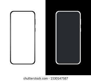 Schalten Sie das Telefon mit weißem Bildschirm ein. Smartphone Die Form eines modernen Mobiltelefons ist dafür konzipiert, Anzeigen oder Bilder auf dem Bildschirm zu platzieren. Schwarz-Weiß.Vektorgrafik. 