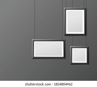 Mockup of photo or picture frames hanging on wall as in gallery exposition, realistic vector illustration isolated on grey background. Template of blank frameworks.