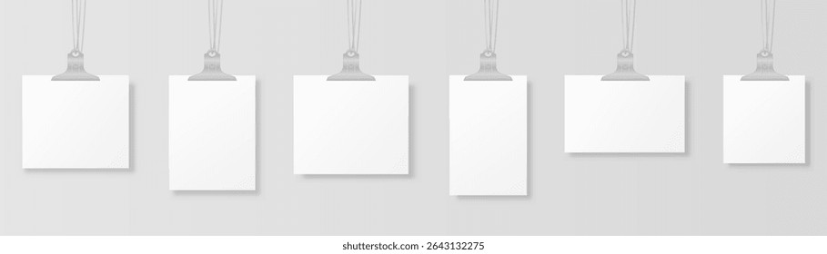 Mockup with photo print on rope and clip template canvas art page background realistic flyer layout a4 white label portfolio exhibition board vector wall poster advertising message picture

