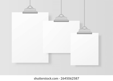 Mockup with photo print on rope and clip template canvas art page background realistic flyer layout a4 white label portfolio exhibition board vector wall poster advertising message picture

