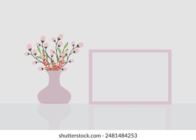 Maqueta de un marco rosa con un ramo de flores silvestres de primavera en un jarrón sobre una mesa blanca. Orientación vertical. Copiar espacio.