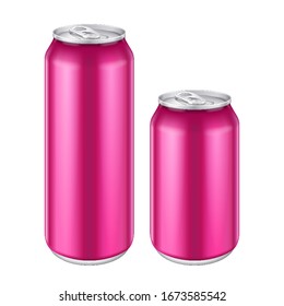 Mockup Pink Metal Aluminum Beverage Drink Can 500ml, 0,5L. Beer, Soda, Lemonade, Juice, Energy. Mock Up Template. Isolated On White Background.