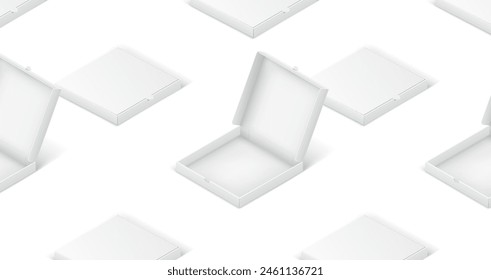 Mockup pizza boxes isometric illustration pattern on white background. Takeaway food carton containers realistic 3d models design elements