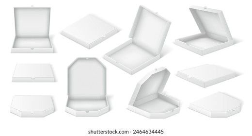 Mockup cajas de pizza juego de Ilustración vectorial realista. Productos de comida rápida para llevar del restaurante empaquetando objetos 3d sobre fondo blanco