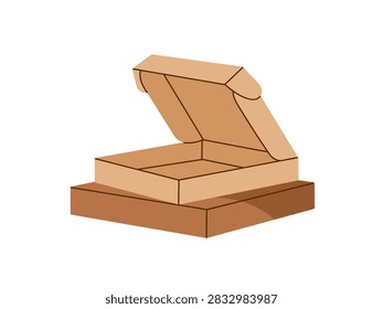 Mockup of pizza boxes. Stack of cardboard packaging for takeaway food. Design of paper cartons for pizza delivery. Templates of fast food restaurant boxes for meals. Flat isolated vector illustration