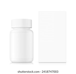 Mockup of plastic bottle with cardboard box. Vector illustration isolated on white background. Can be used for medical, cosmetic and etc. Perfect for final pack shot of your product. EPS10.