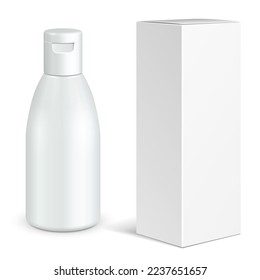 Kosmetische Plastikflaschen, Hygiene, Gel-Medizin, Flüssigseife, Lotion, Creme, Shampoo mit Box. Graustufen Mock Up Bereit für Ihr Design. Illustration einzeln auf weißem Hintergrund.