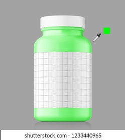 Mockup of plastic bottle on gray background. Can be used for medical, cosmetic. Vector illustration. EPS10.