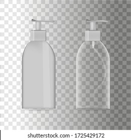A mock-up of a plastic bottle with a pump cap. transparent and white packaging for branding cosmetic products for skin care and makeup. Realistic 3d vector template of a container for liquid soap or l