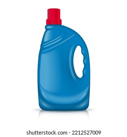 Mockup plastic bottle for storing liquid substances, powder. Advertising template. White container with blue lid. Isolated on white background. Vector illustration.