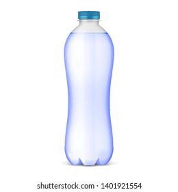 Mockup Plastic Clean Bottle Full, Filled With Blue Cap. Soft Drink. Disposaple. Mock Up Template. Illustration Isolated On White Background. Ready For Your Design. Product Packaging. Vector EPS10 