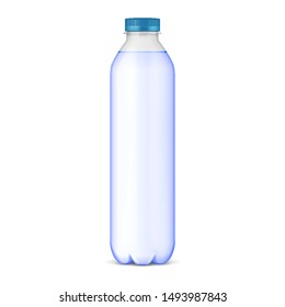 Mockup Plastic Clean Bottle Full, Filled With Blue Cap. Soft Drink. Disposaple. Mock Up Template. Illustration Isolated On White Background. Ready For Your Design. Product Packaging. Vector EPS10 