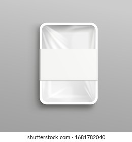 Mockup of plastic food container covered with cellophane realistic vector illustration isolated on a white background. Products packaging with blank label template.