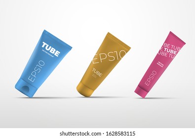 Mockup of plastic vector packaging isolated on white background for design presentation. Template short, medium and long tube with cream and skin care lotion. Set of pink, yellow and blue containers